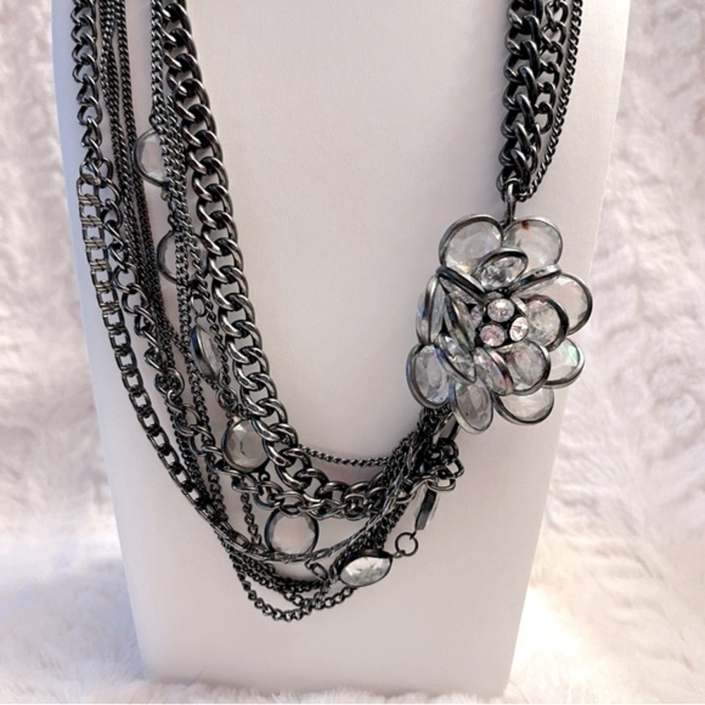 Vera Wang Multi-Strand Silver & Gunmetal Crystal Necklace With Rhinestone Flower - Picture 4 of 16